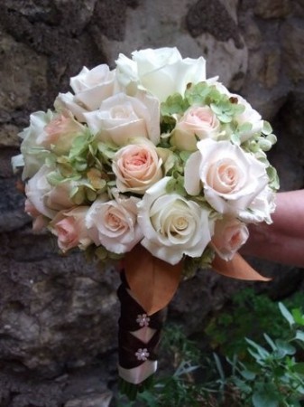 5 Radiant Pink Rose Bud and Ivory Rose Wedding Bouquet