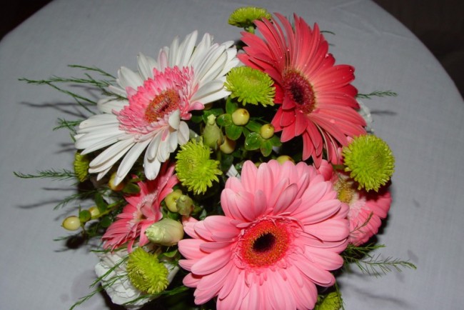 Gerbera daisies just pop in this wedding bouquet