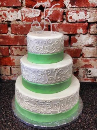 3 Tier Wedding Cake with Green Ribbon