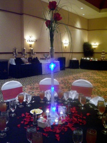With the red black and white contemporary decor the blue glow of this 
