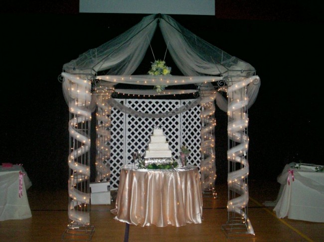 Cake table with white twinkle lights underneath cake base plugged with 