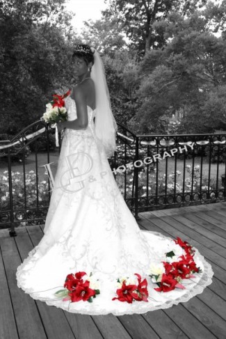 This is another black and white wedding photo with the exception of the 