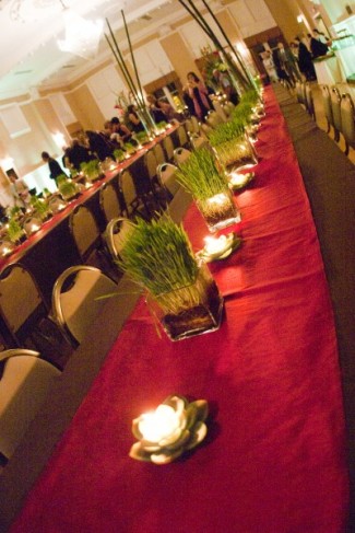 This photo showcases the long tables and centerpiece decorations used at 