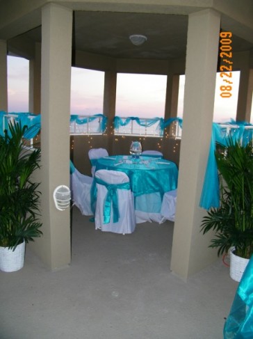 Blue White Tables at Reception Share The beach wedding ceremony ended