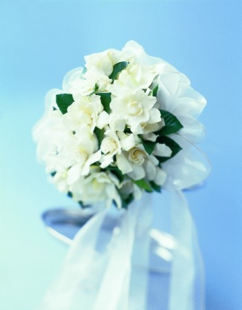 The purity of white is represent with this gardenia wedding bouquet enhanced