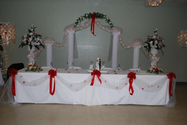 Beautifully decorated wedding reception table for the bride and groom at 