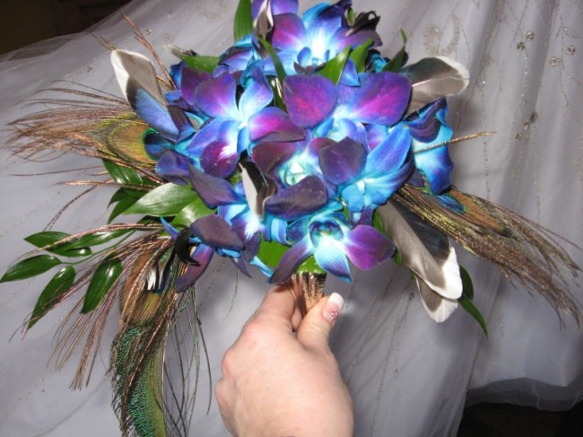 Tropical Wedding Bouquet with Bom Dendrobium Orchids and Peacock and Mallard