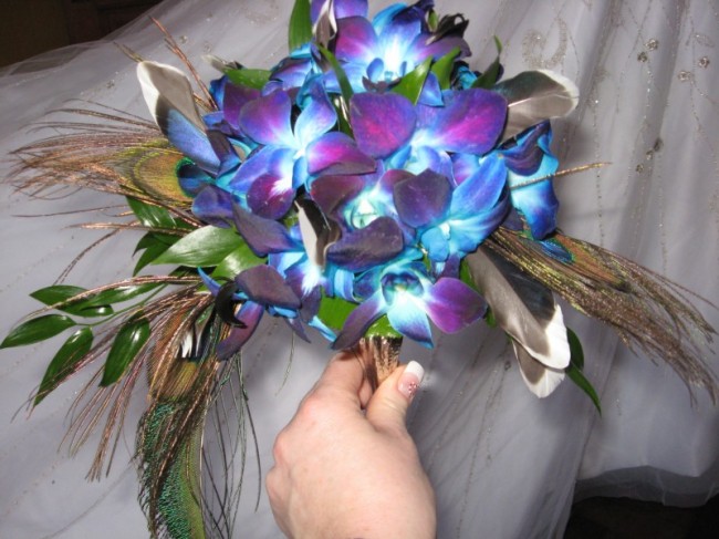 Tropical Wedding Bouquet with Bom Dendrobium Orchids and Peacock and Mallard 