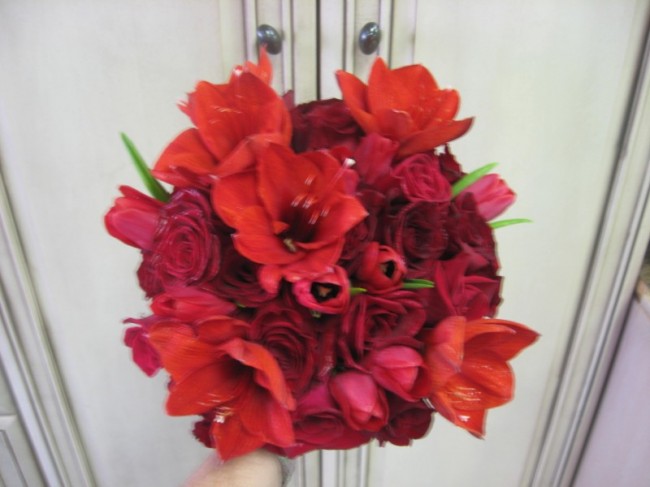 Red Hot Wedding Bouquet with Red Amaryllis and Red Roses