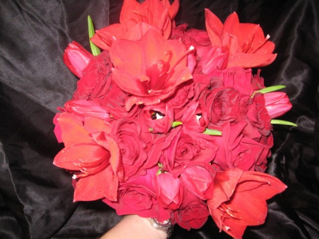 Lovely Red Wedding Bouquet with Red roses and Red Amaryllis