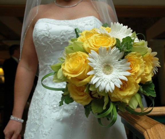 This summer bridal bouquet is filled with white gerbra daisies