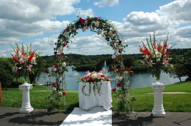 Wedding Arch with 2 Side Floral Arrangements with Unity Candle Head Table 