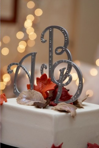 This photograph shows an elegant silver monogrammed wedding cake topper