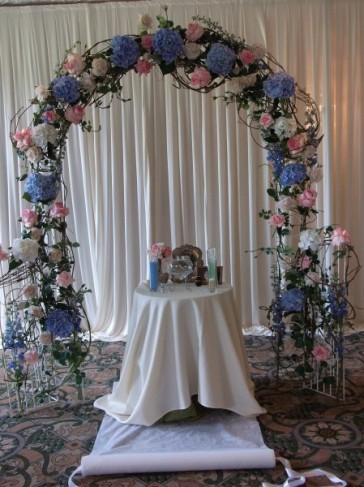 Beautiful Wedding Arch Share Blue and white Hydrangeas Pink and white 
