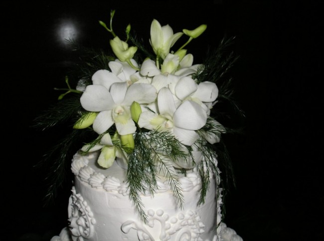 Here is the top of a white wedding cake that has white dendrobium orchids