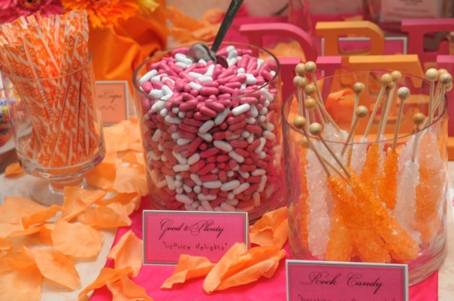 This fun orange and fuschia candy buffet is the perfect way to say thank you 