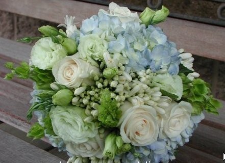 This bridal bouquet has been made from white roses blue and white hydrangea