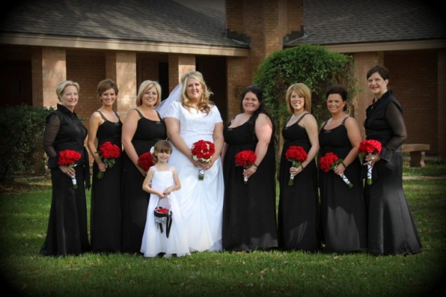 Red Black and White Bridal Party Share This bride with her bridesmaids all 