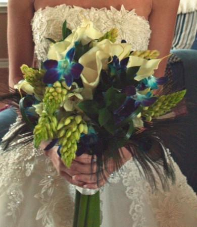 Elegant Bridal Bouquet using white callas star of bethlehem and blue 