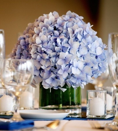 Blue hydrangea wedding reception flowers are always popular