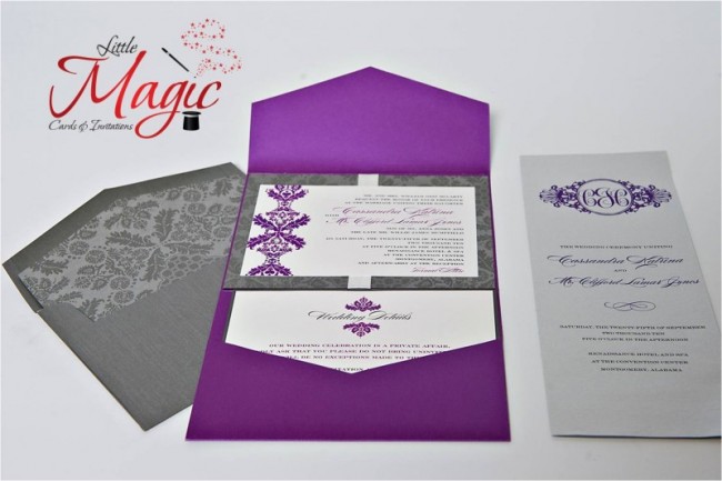 This gorgeous wedding invitation features a pocket fold with purple and gray