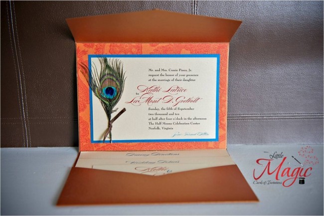 This gorgeous wedding invitation features a pocketfold with a peacock accent