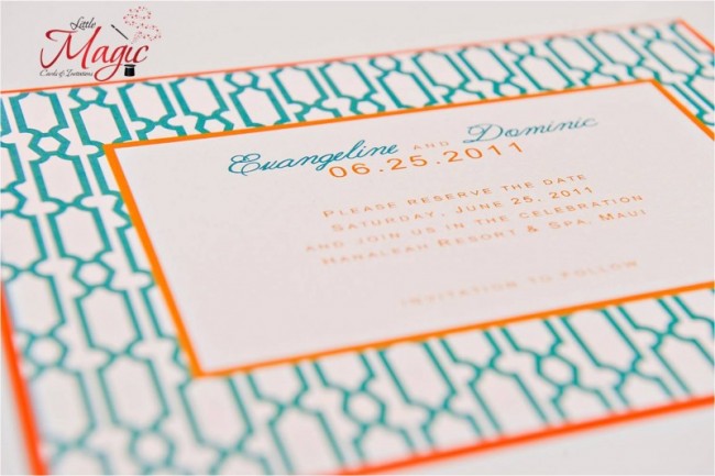 A beautiful wedding invitation that features teal and orange as their colors
