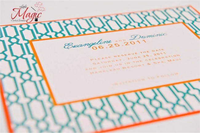 A beautiful wedding invitation that features teal and orange as their colors 