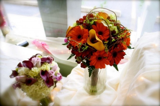 A gorgeous wedding bouquet full of fall colors