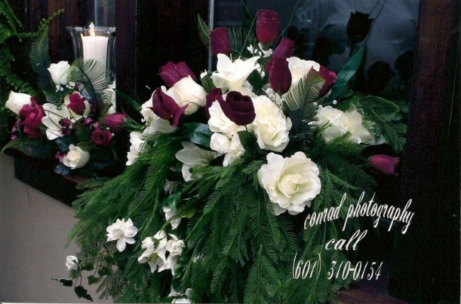 Rose Wedding Reception Flowers Share Whie and burgundy roses combined with