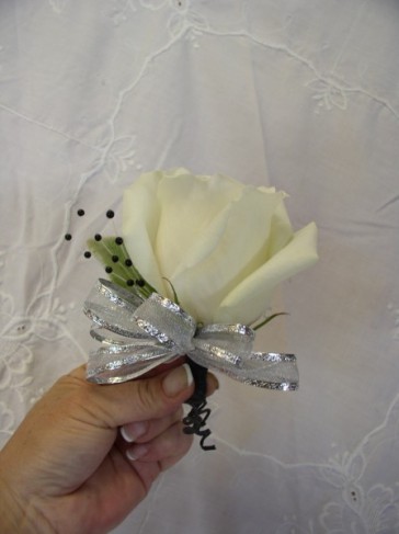 Single White Rose Corsage with Silver Accents