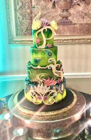 Peacock themed wedding cake 
