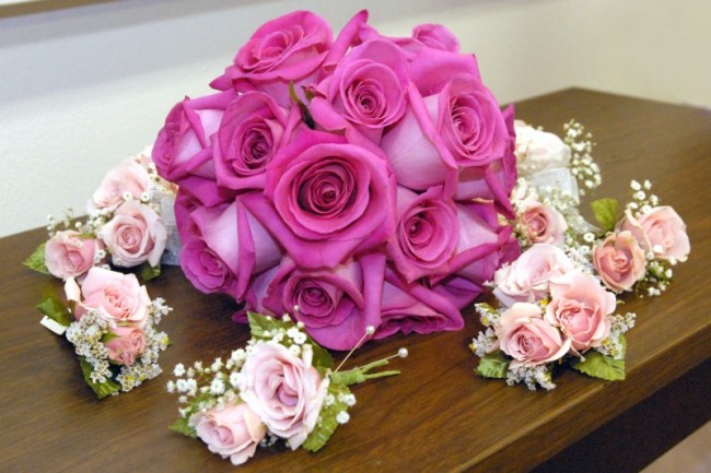 Purple Wedding Bouquet & Mini Rose Bouts
