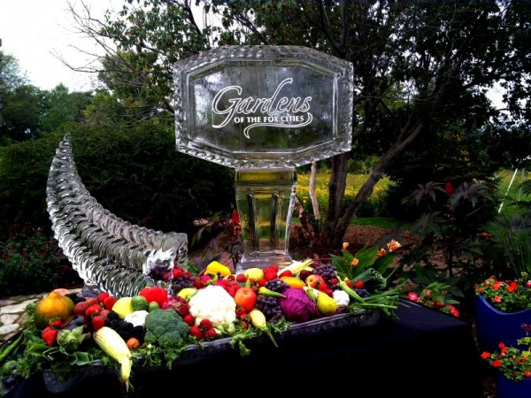 Sparkling Cornucopia with Logo Ice Sculpture for Fall Theme Party or Garden Theme Party