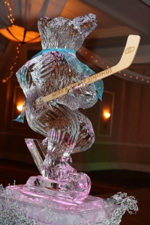 Polar Bear Ice Sculpture with Monogrammed Hockey Stick
