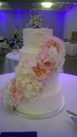3 Tiered Wedding Cake with Beautiful Roses & Hydrangeas