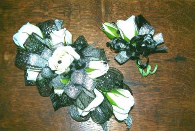 Green & White Corsage And Matching Boutonniere